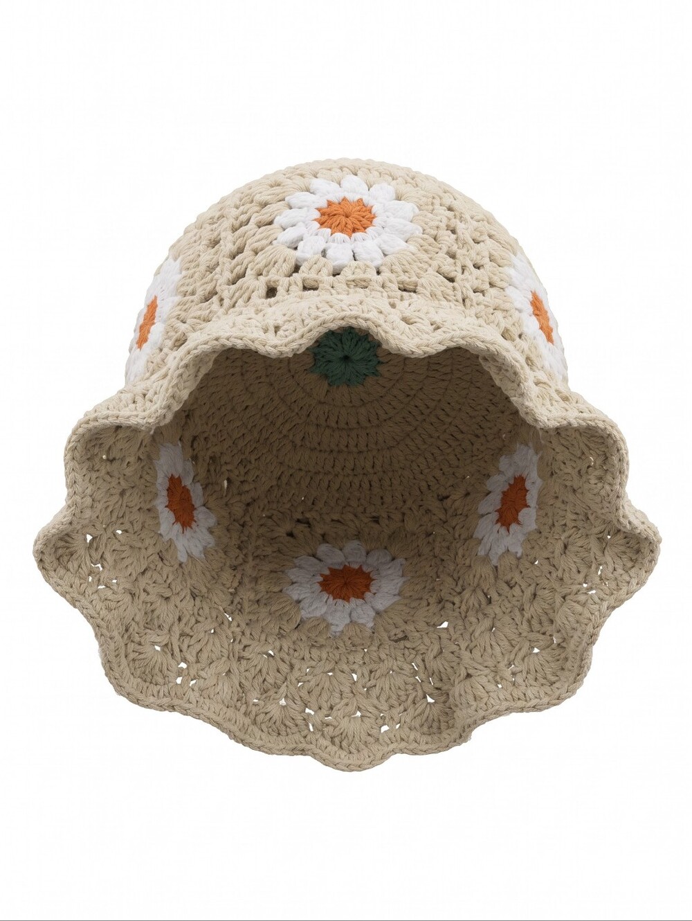 Hand Crafted Beige Crochet Bucket Hat with White and Orange Daisy Accents Cozy